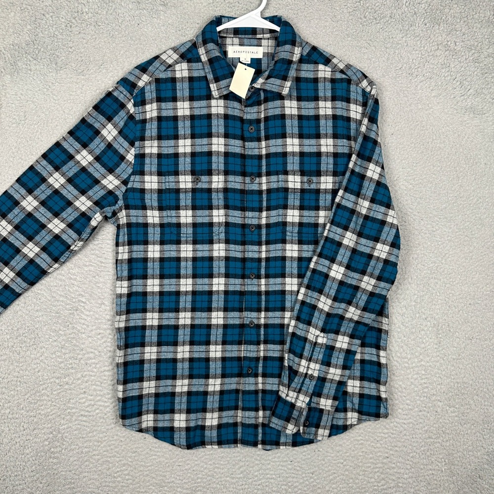 NEW Aeropostale Shirt Mens Medium Flannel Blue Plaid Button-Down Long Sleeve